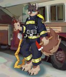 anthro axe barefoot clothed clothing feet fire_axe fire_hose firefighter male solo standing joeyzliaotang canid canine canis mammal wolf hi_res