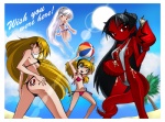 bikini blonde_hair bone border claws clothed clothing female group hair heart_symbol looking_back not_furry pincers red_eyes skimpy skull swimwear tail thong two-piece_swimsuit underwear white_border white_hair bleedman grim_tales_from_down_below powerpuff_girls_doujinshi bell_(ppgd) mandy_(gtfdb) mimi_her minimandy demon humanoid