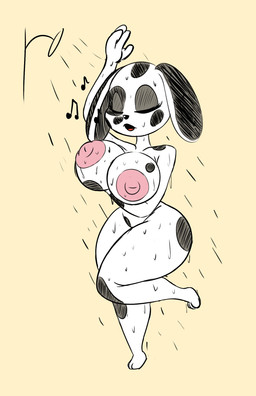 anthro areola bathing big_breasts black_body black_fur breasts eyelashes eyes_closed female floppy_ears fur hand_under_breasts huge_breasts lop_ears musical_note musical_symbol nipples nude on_one_leg pink_areola pink_nipples raised_arm shower simple_background small_waist solo standing symbol tan_background thick_thighs wet white_body white_fur wide_hips supermoonshroom animal_crossing nintendo portia_(animal_crossing) canid canine canis dalmatian domestic_dog mammal hi_res