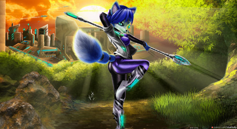 accessory anthro black_nose blue_hair bodysuit boots breasts building butt butt_pose clothing cloud detailed_background female footwear fur furgonomics grass green_eyes hair hair_accessory jacket jewelry light necklace plant pose rock shoes short_hair skinsuit solo staff sun sunlight tail tail_accessory tailband text tight_clothing topwear tree water v-tal nintendo star_fox krystal_(star_fox) canid canine fox mammal 2018 absurd_res hi_res signature url