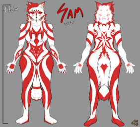 anthro female fur markings patterned_fur red_eyes solo tribal tribal_markings white_body white_fur rurudrawrz sam_(rurudrawrz) animal_humanoid canid canid_humanoid canine canine_humanoid canis humanoid mammal mammal_humanoid wolf wolf_humanoid absurd_res hi_res model_sheet