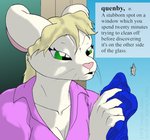 anthro blonde_hair breasts cleavage clothed clothing definition female frustrated fur green_eyes hair sky small_breasts solo text topwear washcloth whiskers white_body white_fur window cybercorn_entropic the_meaning_of_liff cynthia_boggs mammal mouse murid murine rodent 2020 english_text