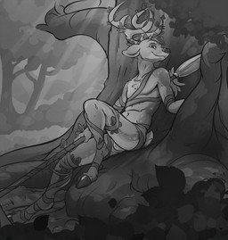 antlers ball_slip balls clothed clothing forest genitals hooves horn ineffective_clothing looking_at_viewer male plant skimpy solo tail tree kam felix_hemitwitz_(kam) deer mammal mule_deer new_world_deer absurd_res hi_res monochrome