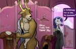 animal_genitalia anthro antlers balls clothing crossgender dialogue duo female flaccid genitals horn male muscular muscular_male nipples pecs penis sheath text bgn friendship_is_magic hasbro idw_publishing my_little_pony my_little_pony_(idw) mythology blackthorn_(mlp) rarity_(mlp) equid equine mammal mythological_creature mythological_equine unicorn 2018 english_text