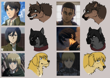 black_body black_fur black_hair black_nose blonde_hair blue_eyes brown_body brown_fur brown_hair female feral feral_with_hair feralized fur grey_body grey_eyes grey_fur growling hair male sharp_teeth survey_corps tan_body tan_fur teal_eyes teeth yellow_body yellow_fur kasathedog attack_on_titan armin_arlert eren_jaeger mikasa_ackerman canid canine canis domestic_dog human mammal 2021