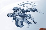 anthro clothing gloves handwear hat headgear headwear holding_object holding_weapon male mask shirt solo topwear weapon joe_madureira sly_cooper_(series) sony_corporation sony_interactive_entertainment sucker_punch_productions sly_cooper humanoid mammal procyonid raccoon monochrome