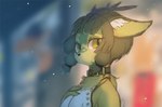 anthro black_nose blurred_background breasts collar female fingers fur green_body green_eyes green_fur green_hair hair horn inner_ear_fluff looking_back neck_tuft short_hair side_view solo tuft liki natsu_(natsu_o3o) species_request 2023 digital_media_(artwork) half-length_portrait portrait