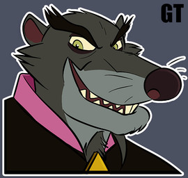 anthro eyebrows facial_hair goatee male solo sticker teeth thick_eyebrows whiskers gtskunkrat don_bluth the_secret_of_nimh jenner_(nimh) mammal murid murine rat rodent bust_portrait portrait