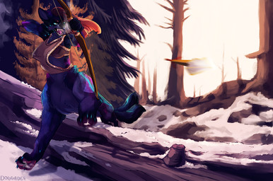 2_tails angry arrow_(weapon) blue_body blue_fur bow_(weapon) bra breasts clothing cosmic_fur cosmic_tail female fur gradient_hair hair log motion_blur multi_tail open_mouth outside plant ranged_weapon red_hair shirt snow solo tail tank_top topwear tree underwear weapon wood doggadee vella_raksha_(draximusi) canid canid_taur canine canine_taur fox fox_taur mammal mammal_taur taur