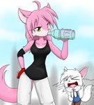 anthro bottle breasts clothing container cosplay dialogue duo eyelashes eyes_closed fanboy fangs female fingers fur hair looking_at_viewer male multicolored_body multicolored_fur pink_body pink_fur pink_hair shirt simple_background smile tail tail_motion tailwag tank_top teeth text tongue topwear water_bottle white_body white_fur white_hair yellow_eyes sandwich-anomaly electronic_arts mirror's_edge logan_the_fox violet_(foxiwan) canid canine domestic_cat felid feline felis fox mammal 2016 digital_media_(artwork) english_text