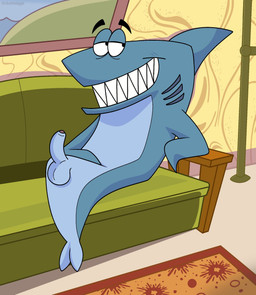 anthro balls bedroom_eyes fangs foreskin furniture genitals gills half-closed_eyes humanoid_genitalia humanoid_penis lamp living_room male narrowed_eyes on_sofa penis picture_frame rug seductive sitting sitting_on_sofa sofa solo teeth toothy_smile slushiedoggie kenny_the_shark_(series) kenny_(kenny_the_shark) aquatic fish shark 2024 hi_res