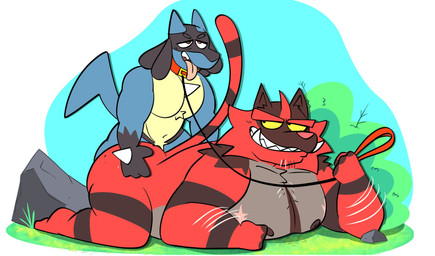 anthro black_body black_fur blue_body blue_fur brown_body brown_fur chest_scar collar dominant dominant_male duo from_behind_position fur hand_on_butt larger_sub leash leash_pull male male/male muscular muscular_male nipples outside outside_sex red_body red_fur scar sex simple_background size_difference small_top_big_bottom smile smug smug_face smug_grin submissive tail tongue tongue_out yellow_body yellow_eyes yellow_fur janjauwu nintendo pokemon generation_4_pokemon generation_7_pokemon incineroar lucario pokemon_(species) absurd_res hi_res