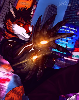 5_toes anthro armor attack black_eyes black_hair black_nose building city claws clothing cybernetic_arm cybernetic_limb ear_piercing evil_grin feet fire fur fur_markings glowing glowing_eyes glowing_markings hair looking_at_another machine male markings multicolored_body multicolored_fur piercing prosthetic prosthetic_arm prosthetic_limb raised_arms red_body red_eyes red_fur red_tail smile solo tail teeth toes two_tone_body adry_victoria_(artist) one-punch_man one_(manga) genos_(one-punch_man) redrick_(erickredfox) android canid canine fox hybrid mammal red_fox robot true_fox absurd_res hi_res signature