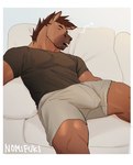 anthro biceps border brown_body brown_fur brown_hair bulge clothed clothing detailed_bulge eyes_closed facial_hair fur furniture genital_outline hair inside lying male muscular muscular_anthro muscular_male on_back on_sofa open_mouth pecs penis_outline quads shirt sleeping sofa solo t-shirt teeth topwear underwear white_border nomifuki horse_boss_(nomifuki) equid equine horse mammal 2021 hi_res signature