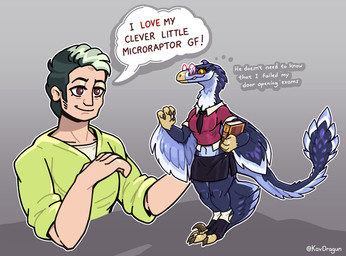 accessory anthro arm_feathers blue_body blue_feathers book breasts claws clothed clothing duo eyewear feathers female footwear glasses grey_background hair highlights_(coloring) interspecies male midriff necktie nervous nervous_smile non-mammal_breasts sickle_claw simple_background size_difference socks speech_bubble tail tail_feathers text thought_bubble toe_claws kavdragun dinosaur dromaeosaurid feathered_dinosaur feathered_scalie human mammal microraptor prehistoric_species reptile saurischian scalie theropod english_text hi_res