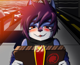 anthro blush box container first_person_view gift_box hair looking_at_viewer male purple_hair solo sunset young young_male voramera sammy_(voramera) canid canine mammal absurd_res hi_res