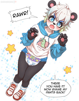abdl anthro clothed clothing diaper diaper_fetish dinorawrz_(diaper) embarrassed hoodie male solo text topwear wearing_diaper conditional_dnp ruugiaruu abuniverse dinorawrz ruu bear giant_panda mammal absurd_res english_text hi_res