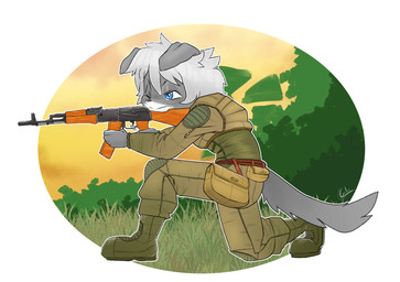 ak-74 ak_platform anthro assault_rifle bag biped black_nose blue_eyes boots bottomwear brown_clothing clothing countershade_face countershade_fur countershading eyebrows floppy_ears folded_ears footwear fur grey_body grey_fur gun hair holding_gun holding_object holding_ranged_weapon holding_weapon kneeling kneeling_on_ground male one_eye_closed pants ranged_weapon rifle shoes side_view weapon white_body white_fur white_hair galo s.t.a.l.k.e.r. xenos canid canine canis domestic_cat felid feline felis hybrid mammal wolf 2025 hi_res