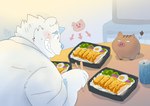 angry anthro blush chopsticks duo eating feral food fur grin male meat pork smile white_body white_fur takataka anothereidos_of_dragon_vein_r bento patty_(anothereidos_r) mammal suid suina sus_(pig) wild_boar yeti