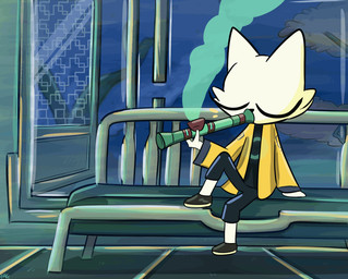 anthro arm_support bench black_bottomwear black_clothing black_footwear black_pants bottomwear clothed clothing eyes_closed footwear fully_clothed fur light_body light_fur pants smoking smoking_pipe solo topwear yellow_clothing yellow_topwear cyrifikuse nine_sols red_candle_games yi_(nine_sols) felid feline mammal solarian animated hi_res