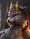 anthro blue_eyes brown_body brown_fur cheek_tuft detailed_fur facial_markings facial_tuft fangs fluffy fur head_markings inner_ear_fluff light male markings solo teeth tuft whiskers white_body white_fur rhythmpopfox felid mammal 2020 bust_portrait detailed lighting portrait signature