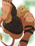 5_toes anthro belt biceps big_feet blonde_hair blue_eyes bottomwear bottomwear_down butt claws clothed clothing feet foot_focus hair male mane muscular muscular_anthro nipples pants pants_down partially_clothed pecs soles solo toe_claws toes samoji bandai_namco digimon digimon_(species) felid leomon lion mammal pantherine hi_res