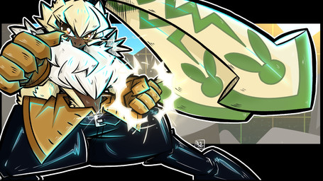 anthro bottomwear clothed clothing fluffy fluffy_chest fur gloves handwear long_ears male pants ponytail_ears solo topless topless_anthro topless_male yellow_body yellow_fur gigimarz bandai_namco digimon digimon_ghost_game digimon_(species) symbareangoramon 16:9 hi_res widescreen