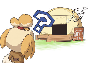 anthro bell blonde_hair campsite clap clothed clothing confusion dipstick_tail female fur hair hair_bun heart_symbol jingle_bell markings oblivious offscreen_character offscreen_sex onomatopoeia outside question_mark sign simple_background solo sound_effects tail tail_markings tent text topwear white_background yellow_body yellow_fur rilex_lenov animal_crossing nintendo isabelle_(animal_crossing) canid canine canis domestic_dog mammal shih_tzu toy_dog 2025 digital_media_(artwork) full_version_at_paywall hi_res signature