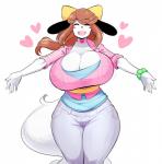 anthro big_breasts blush blush_stickers bracelet breasts brown_hair cleavage clothed clothing eyes_closed female fully_clothed fur hair heart_symbol huge_breasts imminent_hug jewelry mature_anthro mature_female open_mouth open_smile simple_background smile solo white_background white_body white_fur wide_hips theycallhimcake holly_applebee canid canine canis domestic_dog mammal hi_res