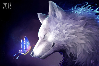 abstract_background ambiguous_gender antennae_(anatomy) blue_wings butterfly_on_nose closed_smile duo eyes_closed feral fur glowing inner_ear_fluff mouth_closed on_nose side_view smile smiling_at_another tuft whiskers white_body white_fur white_inner_ear_fluff white_wings wings yellow_body chiayeeee arthropod butterfly canid canine canis insect lepidopteran mammal wolf 2018 dated digital_drawing_(artwork) digital_media_(artwork) full-length_portrait headshot_portrait hi_res portrait signature