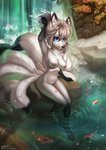 anthro black_tail_tip blue_eyes breasts dipstick_tail eyelashes female fur genitals hair hair_up markings multi_tail nipples outside partially_submerged petals pink_nipples pink_pussy plant pussy sitting solo tail tail_markings text water waterfall white_body white_fur white_hair cerbera kagami_suki amur_carp canid canine carp cyprinid cypriniform fish fox koi mammal marine typical_carp digital_media_(artwork) hi_res shaded signature