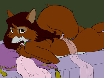 accessory anthro bed bedding black_hair black_nose brown_body brown_fur butt choker eyebrows eyelashes female fur furgonomics furniture hair jewelry long_hair looking_at_viewer lying multicolored_body multicolored_fur necklace on_front pillow smile solo tail tail_accessory tailband two_tone_body two_tone_fur white_body white_fur pixiemuledonkey disney robin_hood_(disney) maid_marian canid canine fox mammal red_fox true_fox 2023