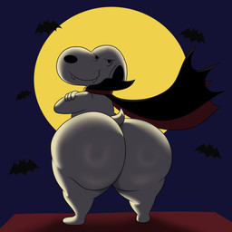 anthro big_butt black_cape black_clothing black_ears black_eyes black_nose butt cape clothing costume crossed_arms fangs full_moon fur holidays looking_at_viewer looking_back male moon mouth_closed multicolored_cape multicolored_clothing night rear_view red_cape red_clothing sharp_teeth small_tail smile solo standing tail teeth thick_thighs three-quarter_view two_tone_cape two_tone_clothing vampire_costume white_body white_fur white_tail colossalstars halloween peanuts_(comic) snoopy beagle canid canine canis domestic_dog hunting_dog mammal scent_hound 1:1 2025 absurd_res digital_media_(artwork) english_description hi_res