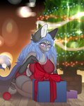 anthro blue_hair breasts christmas_clothing christmas_lights christmas_tree clothing female fur gift grey_body grey_fur hair holidays legwear pink_eyes plant sitting sitting_on_ground smile solo thigh_highs tree macyw christmas canid canine canis fox mammal wolf 2022 colored digital_drawing_(artwork) digital_media_(artwork) shaded