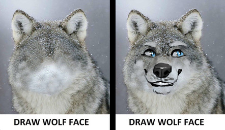ambiguous_feral ambiguous_gender black_nose blue_eyes faceless feral front_view fur glistening glistening_eyes grey_body grey_fur grin smile solo text white_body white_fur solaxe_(artist) canid canine canis mammal wolf draw_over english_text hi_res meme multiple_images