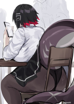 animal_tail big_breasts big_butt black_bottomwear black_clothing black_hair black_skirt bottomwear breasts butt chair clothing dipstick_hair electronics female fish_tail furniture hair holding_object holding_phone legwear pantyhose phone rear_view red_hair short_hair sitting skirt solo table tail tan_body tan_skin thick_thighs wardrobe_malfunction wide_hips kurenaiz1 mihoyo zenless_zone_zero ellen_joe animal_humanoid aquatic aquatic_humanoid fish fish_humanoid humanoid shark_humanoid tailed_humanoid thiren absurd_res hi_res