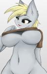 2015 anthro anthrofied big_breasts blonde_hair bottomless breasts cleavage clothed clothing clothing_lift derp_eyes derpy_hooves_(mlp) equid female friendship_is_magic hair hasbro hi_res mammal my_little_pony navel ninjapony nipple_outline shirt shirt_lift simple_background solo topwear under_boob yellow_eyes