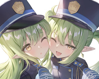backpack blue_clothing blue_hat blue_headwear blue_shirt blue_topwear clothing cute_fangs ear_piercing ear_ring face_to_face fangs female glistening glistening_hair green_eyes hair hair_between_eyes hat headgear headwear long_hair one_eye_closed open_mouth piercing pointy_ears prick_ears ring_piercing shirt simple_background teeth topwear white_background yellow_eyes young young_female young_humanoid greenapple_ga blue_archive nexon hikari_(blue_archive) nozomi_(blue_archive) demon demon_humanoid humanoid absurd_res hi_res