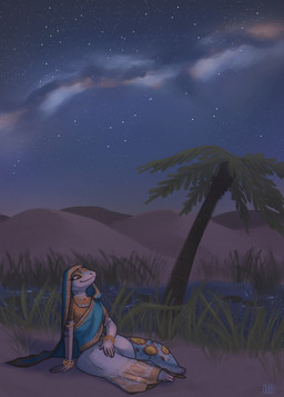 5_fingers anthro armlet biped bracelet breasts clothed clothed_anthro clothed_female clothing desert detailed_background dress dunes eyelashes female female_anthro fingers gold_(metal) gold_jewelry grass hand_on_ground indian_clothing jewelry lake lily_pad looking_up markings necklace night oasis on_ground outside palm_tree plant pose print_clothing sari scenery sitting sky skyscape solo spots spotted_body star starry_sky tail tree veil yokozuwari oddthesungod gecko lizard reptile scalie 2016 hi_res signature