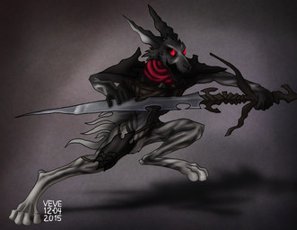 4_toes anthro biped black_body black_fur cheek_tuft facial_tuft feet flaming_eyes fur grey_body grey_fur holding_melee_weapon holding_object holding_sword holding_weapon male melee_weapon open_mouth red_eyes red_scarf scarf shadow simple_background solo sword toes tuft weapon skyelegs 2015 dated shaded signature