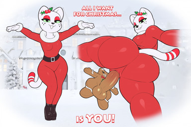 animal_ears anthro anthrofied balls big_butt biped breasts butt clothed clothing dialogue eyelashes female genitals gingerbread_man holidays improvised_sex_toy looking_at_viewer looking_back penetration penetration_through_clothing penis pupils red_clothing smile text thick_thighs vaginal vaginal_penetration white_body acstlu all_i_want_for_christmas_is_you christmas junipurr domestic_cat felid feline felis mammal hi_res