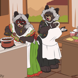anthro apron big_breasts biped black_nose bracelet breasts brown_body brown_fur clothed clothing cooking cross cutlery dress duo ear_piercing elderly elderly_anthro elderly_female eyebrows eyewear female fur gem glasses green_clothing green_dress hair holding_spoon inside jewelry kitchen kitchen_utensils long_hair looking_at_another looking_back looking_back_at_another necklace open_mouth pearl_(gem) pearl_necklace piercing pink_hair plantigrade ring short_hair spoon teeth tongue tools wearing_glasses white_apron white_clothing fuf bear mammal 1:1 2026 hi_res