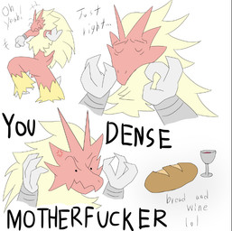 alcohol beverage bread feathers feral food hair humor male profanity simple_background smile solo text wine breadnwine nintendo pokemon avian bird blaziken generation_3_pokemon pokemon_(species) digital_media_(artwork) english_text