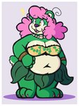 anthro belly big_belly big_breasts blush blush_lines border bra bracelet breasts clothed clothing emanata female fur grass_skirt green_body green_fur hair jewelry necklace obese obese_anthro obese_female open_mouth overweight overweight_anthro overweight_female pink_hair simple_background skull_necklace smile solo tail underwear white_border porbol clover_bearclaw bear mammal hi_res