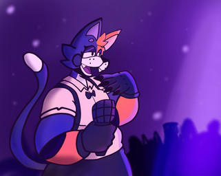 anthro audience big_arms bow_tie breasts cheek clothing collar dress electronics eyebrows eyelashes facial_markings facial_tuft female fur gesture gloves group hand_gesture handwear head_markings light machine markings microphone multicolored_body multicolored_fur open_mouth orange_body orange_fur overweight overweight_anthro performance performing purple_background purple_body purple_clothing purple_fur raised_arm raised_eyebrow raised_eyebrows raised_tail shirt simple_background singing sleeves solo solo_focus stage stage_lights stage_show suspenders tail tan_clothing topwear tuft two_tone_body two_tone_fur white_body white_fur jazzydeetective callie_calico animatronic calico_cat domestic_cat felid feline felis mammal robot digital_media_(artwork) hi_res