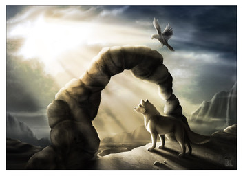 ambiguous_gender border cloud detailed_background digitigrade duo feral mountain outside quadruped realistic river sky sun tail white_border conditional_dnp tani_da_real avian bird canid canine canis mammal wolf detailed
