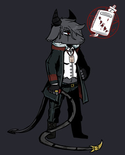 anthro clothing coat fangs female fingerless_gloves gloves handwear horn solo spade_tail tail teeth tired topwear torn_clothing whip apollo_caelum_(artist) limbus_company project_moon natasha_goety bovid caprine goat mammal digital_media_(artwork)