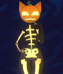 anthro bone breasts clothing costume female food for_a_head fruit holidays plant pose pumpkin pumpkin_head skeleton smile smiling_at_viewer smirk smirking_at_viewer solo fluffyv1 epic_games fortnite halloween spice_(fortnite) felid humanoid mammal object_head absurd_res hi_res