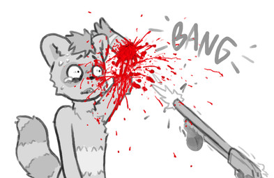 amputation anthro blood bodily_fluids crying gore gun male missing_arm onomatopoeia ranged_weapon shooting shotgun simple_background solo sound_effects tears text weapon white_background bravobunny canid canine mammal raccoon_dog tanuki half-length_portrait portrait