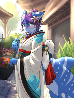 accessory anthro asian_clothing big_tail blue_body blue_skin braided_hair clothing east_asian_clothing feathers female flower flower_in_hair garden green_eyes hair hair_accessory hair_bun japanese_architecture japanese_clothing kimono plant purple_hair solo tail white_body white_clothing white_kimono white_skin ketzel99 aquatic carpet_shark fish shark whale_shark absurd_res hi_res